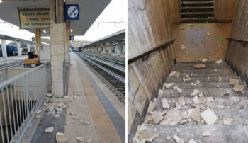 Danni alla stazione di Ancona dove sono caduti calcinacci (Immagine di repertorio)