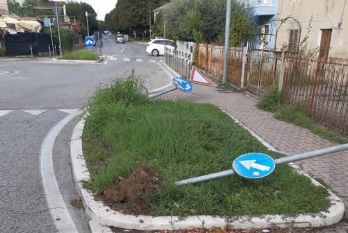 Pesaro, cartelli stradali divelti e danni ai marciapiedi: vandali a Villa San Martino